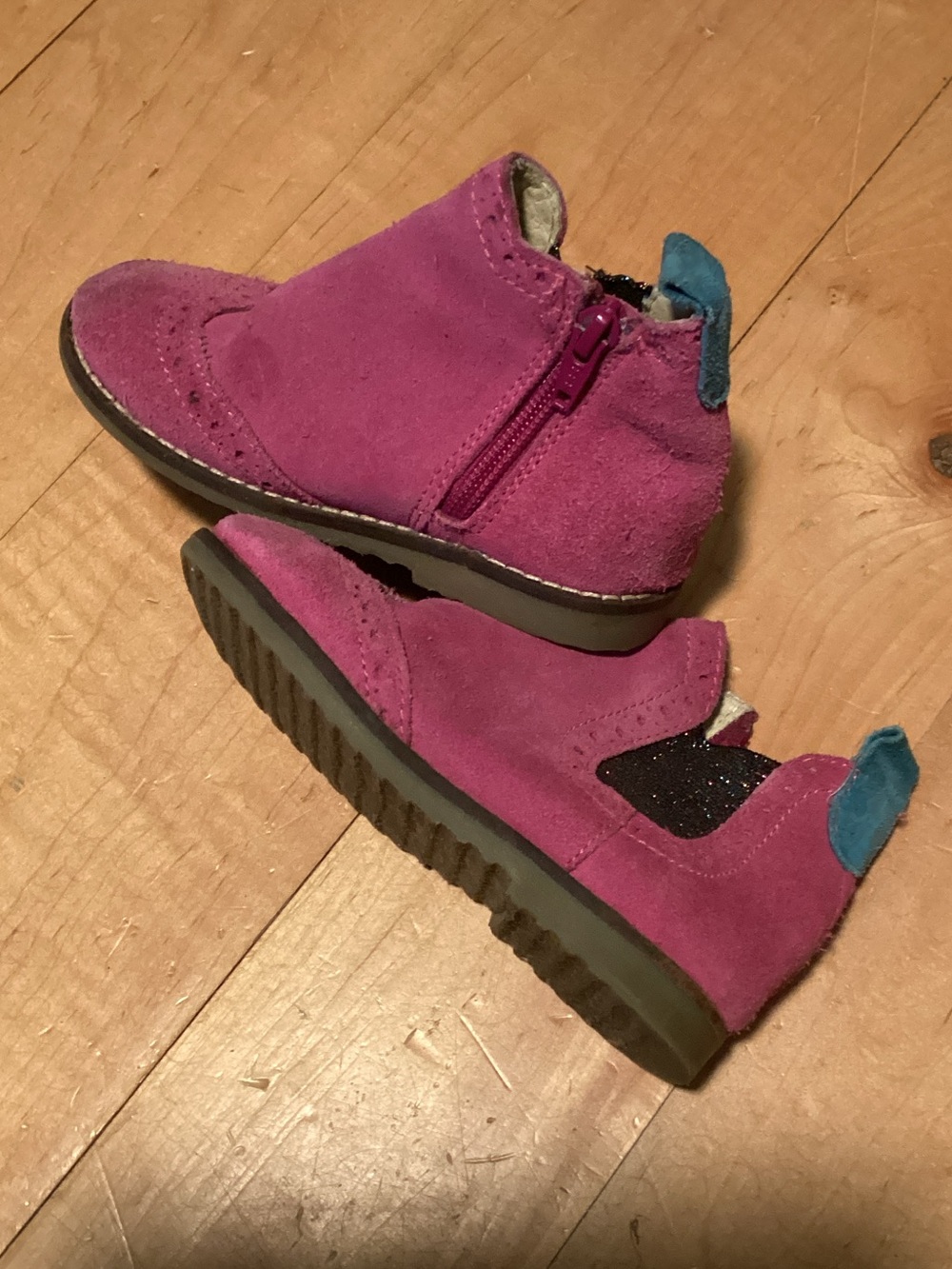 Kids Suede Ankle Boots in Magenta with Teal Heel Tab